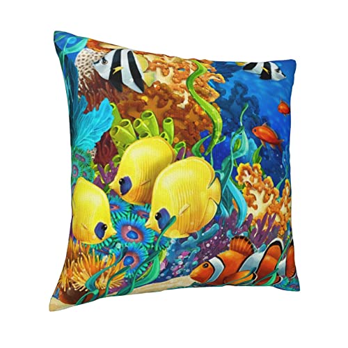 Watercolor Marine Life Throw Pillow Cover - 18x18 Inch Colorful Fish Design