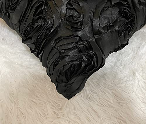 iMaylex Black Satin Rose Throw Pillow Covers, 16" x 16" (Set of 2)