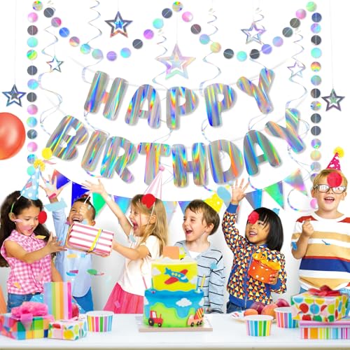Iridescent Birthday Decorations Set with Happy Birthday Banner