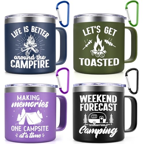 4-Pack Camping Coffee Mugs - 14oz Stainless Steel Insulated Cups with Carabiner - Happy Campers Gift Set for Outdoors, Picnic, Birthday, Christmas - Variation 2-4Pcs