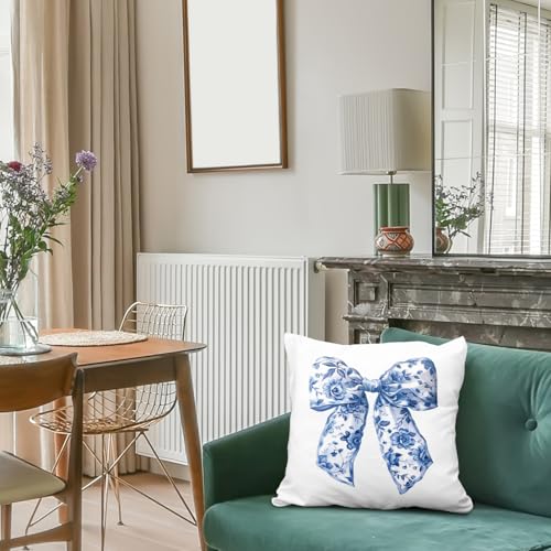 Chinoiserie Bow Pillow Cover 18x18, Grandmillennial Blue and White Decor