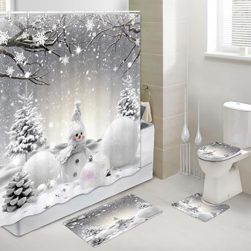 Christmas Snowman Shower Curtain Set with Non-Slip Rugs & Toilet Cover - 72x72 Inches, Holiday Bathroom Decor (Pack of 4, Variation of THIS listing)