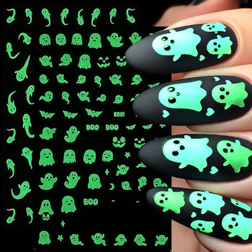 KAICCOSO 6pcs Glow in the Dark Halloween Nail Stickers Self-Adhesive Ghost Bat Nail Decals