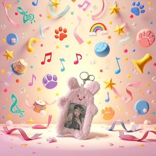 Pink Cute Plush Photocard Holder with Keychain Cartoon Animal Photo Sleeve