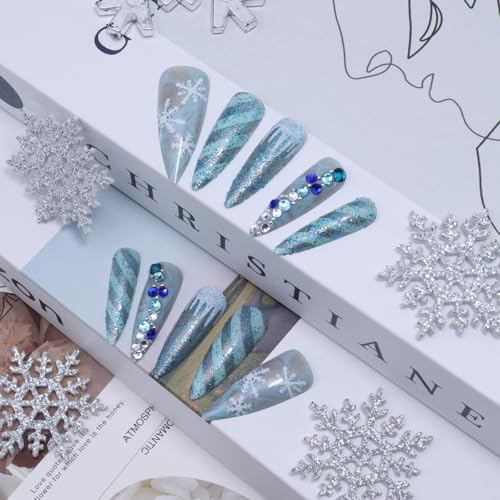 Christmas Press on Nails Long Almond False Nails with Rhinestones & Glitter