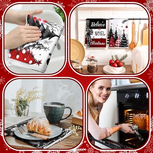 Christmas Kitchen Dish Towels Set - Red Black Buffalo Plaid, 16 Pieces, Holiday Decor