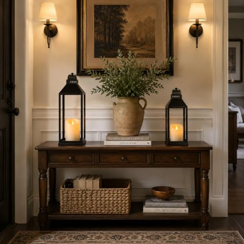 Black Decorative Lanterns Indoor Outdoor Set of 2 - 17 and 13 Inches with Candles - Square Top