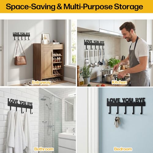 Black Wall-Mounted Key Holder with 5 Hooks - Durable Metal Key Rack