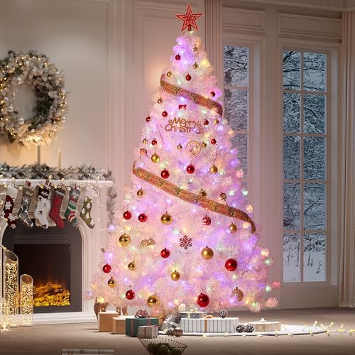 4ft 6in Prelit White Artificial Christmas Tree with 150 Warm White Lights, Snow Flocked, Foldable Base, Holiday Decor