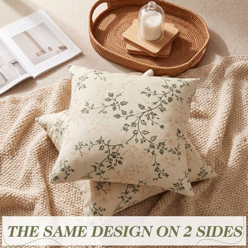 Vintage Floral Throw Pillow Covers 18x18 Inch - Green & Cream