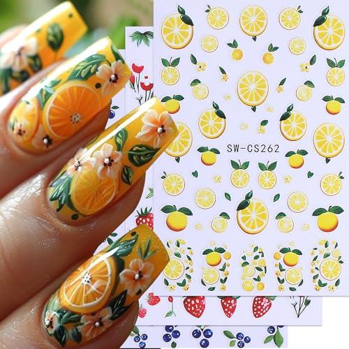 Summer Fruit Nail Stickers 10 Sheets 3D Adhesive Lemon Strawberry Decals