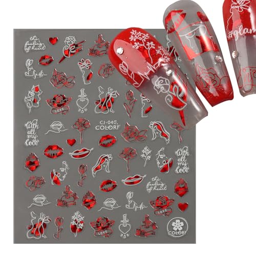 Valentine Heart Nail Stickers 3D Self Adhesive Red Heart Decals 6 Sheets