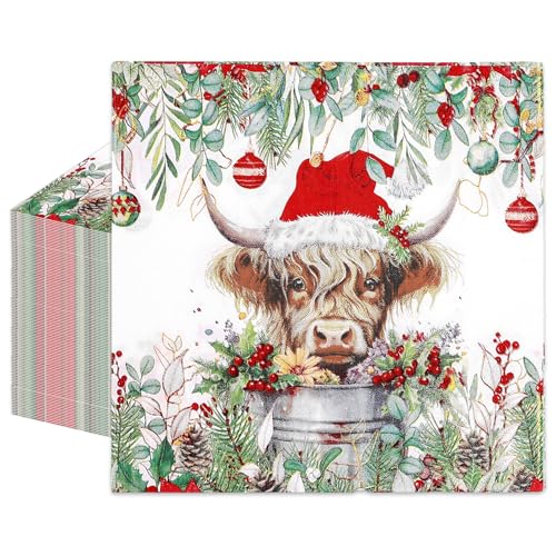 Christmas Highland Cow Paper Napkins - Disposable Holiday Party Decor 80 pcs