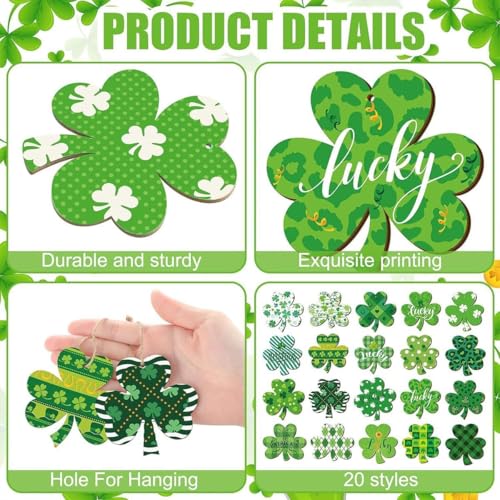 20Pcs St. Patrick's Day Wooden Shamrock Ornaments Set