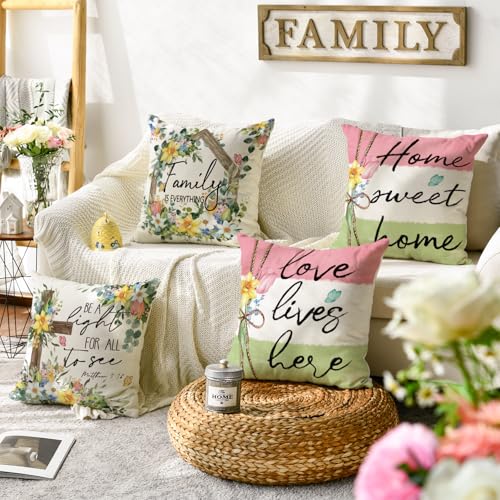 Floral Throw Pillow Covers 18x18 Inch, Spring Decorative Cushion Cases Set of 4