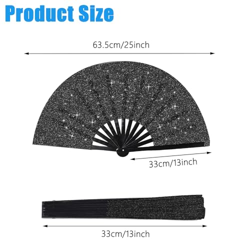 Plzoslly Black Glitter Large Folding Hand Fan for Festivals & Parties