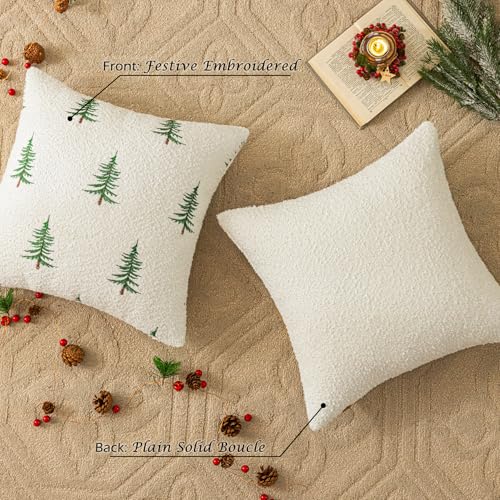 Christmas Tree Throw Pillow Cover 18x18 White Boucle with 3D Embroidery - Xmas Variation