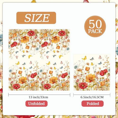 Vintage Floral Paper Napkins - 50 Pack, 6.5x6.5 Inches for Events