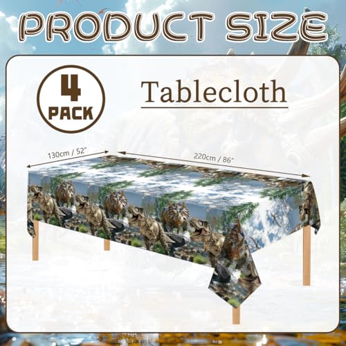 4-Pack Dinosaur Tablecloths for Kids Birthday Party, 52 x 86 Inch