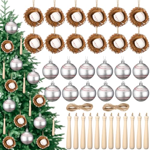 36 Pcs Baseball Christmas Ornaments & Wooden Bats Holiday Decor Set - Sports Theme