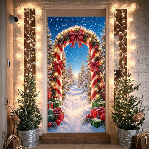 Christmas Door Banner Cover - Winter Wonderland Candy Cane Arch, Style A, 71x35 Inches