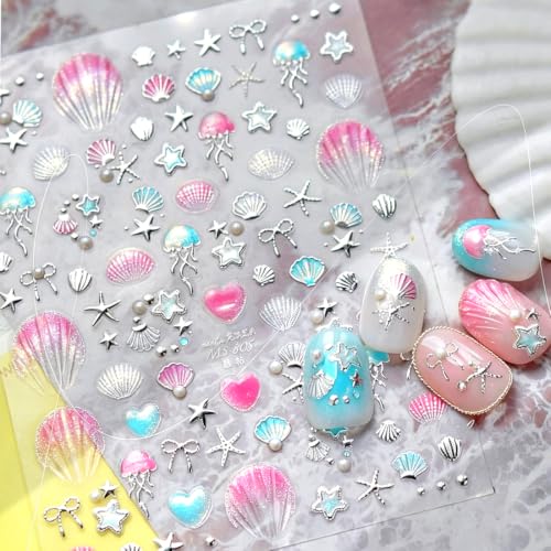 5D Embossed Shell Nail Stickers Silvery Ocean Starfish Decals