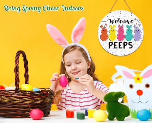 Wooden Welcome Peeps Bunny Door Hanger - Easter Decor Sign