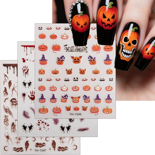 6-Sheet Halloween Nail Art Stickers - Bloody Handprints & Pumpkins