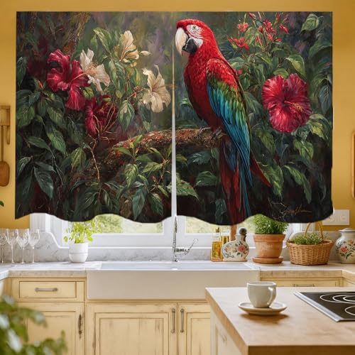 Tropical Parrot Floral Kitchen & Laundry Room Curtain 55x31 Inch