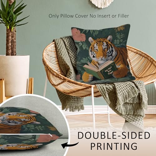 Whimsical Tiger Reading Throw Pillow Cover - 18x18 Inch, Funky Design for Sofa & Office