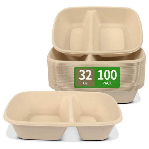 bloomoon 100 Pack 2-Compartment Paper Bowls, Divided Disposable Bowls for Chip and Dip, 2 Compartment Snack Serving Bowls for Chip and Salsa, Snack Bar Party Supplies