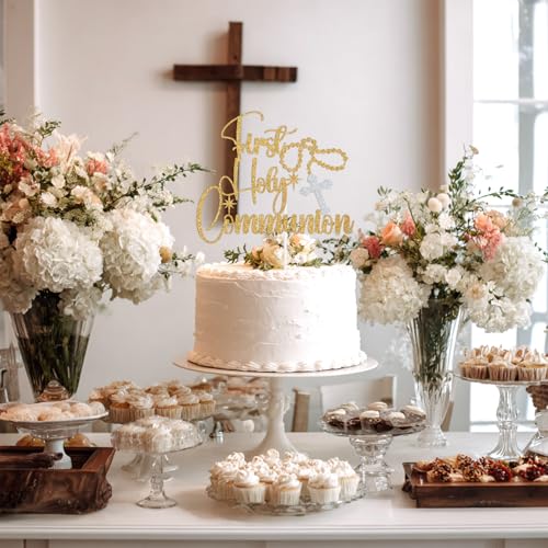 Gold Glitter First Holy Communion Cake Topper - Rosary Cross Design