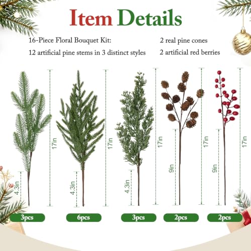 Christmas Norfolk Pine Stems - 16pcs Real Touch Holiday Decor for Vase & Wreaths (Variation: Christmas / 16 PCS)