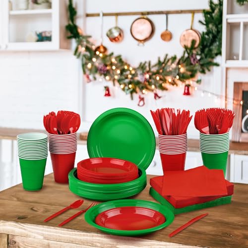 Christmas Party Disposable Dinnerware Set 400 Pieces Red & Green Includes Plates Cups Cutlery Napkins for Festive Events - Red, Green