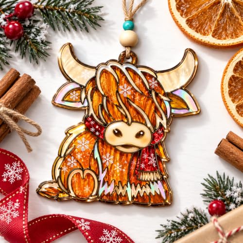 Highland Cow Christmas Ornament 4 Inch Acrylic Flat Decor - Variation: Highland Cow