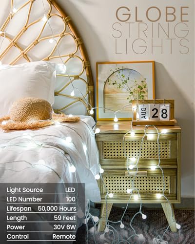 Globe String Lights 59 Ft 100 LED with Remote Timer, Cool White (Variation: Globe)