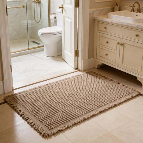 Waffle Knit Bath Mat, Non-Slip Absorbent Shower Rug - Brown, 18"x30"