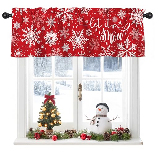 Christmas Snowflake Valance Curtain - Red Winter Short Window Treatment, 52 x 18 Inch, Pack of 1