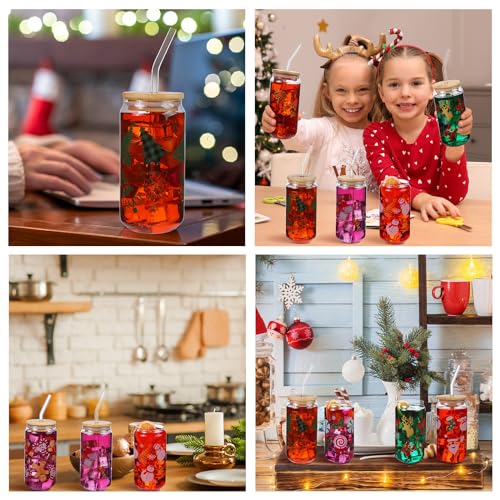Christmas Snowman Glass Mason Jar Cups 18oz with Lids & Straws - Set of 8