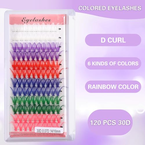 HJZHII 120Pcs Colored Lash Clusters D Curl Mixed 6 Colors DIY Eyelash Extensions