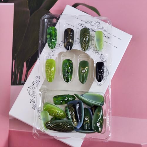 Green Press on Nails Medium Almond Fake Nails with Rhinestones 24 Pcs