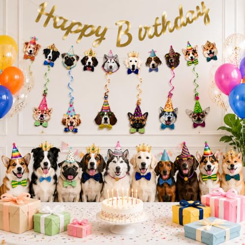 Dog Birthday Banner Set with Gold Glitter & Decorations