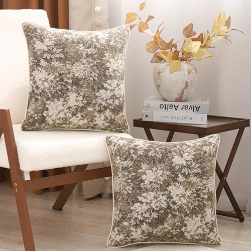 Beige Floral Throw Pillow Covers 18x18 Inches, Pack of 2