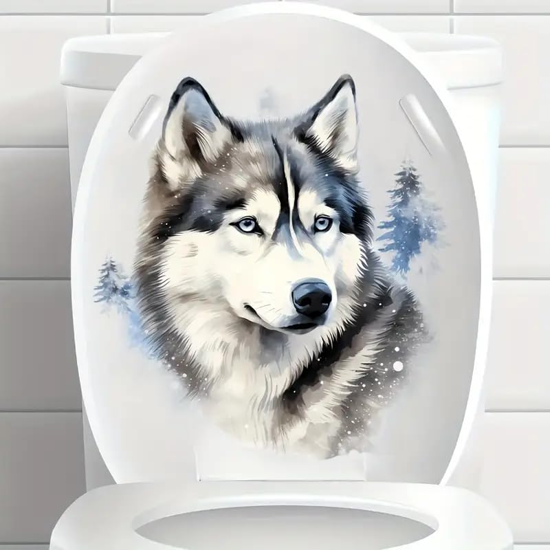 Wolf and Floral Pattern Toilet Lid Decal - Waterproof Self-Adhesive Sticker