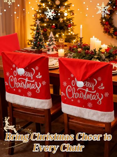 Red Plush Santa Hat Chair Covers for Dining Chairs Set of 4 - Christmas Decor