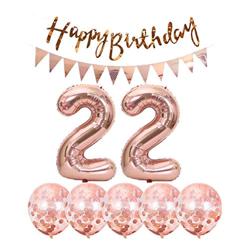 Rose Gold 22nd Birthday Decoration Kit with Foil Balloons & Banner