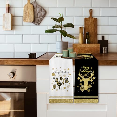 Christmas Reindeer Kitchen Towels Set of 2 - Black & Gold Holiday Decor