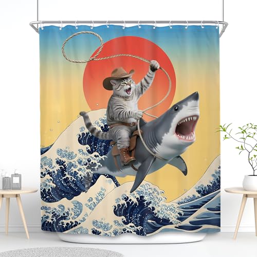 Funny Cat Shower Curtain Set - Cute Cartoon Ocean Design, 60"x72" (Pack of 12)