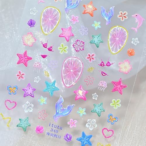5D Summer Beach Nail Art Stickers Embossed Flowers & Sea Life Decals