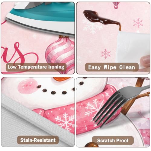 Pink Christmas Round Fitted Tablecloth with Elastic for 40-44 inch Tables - Winter Snowman Design
